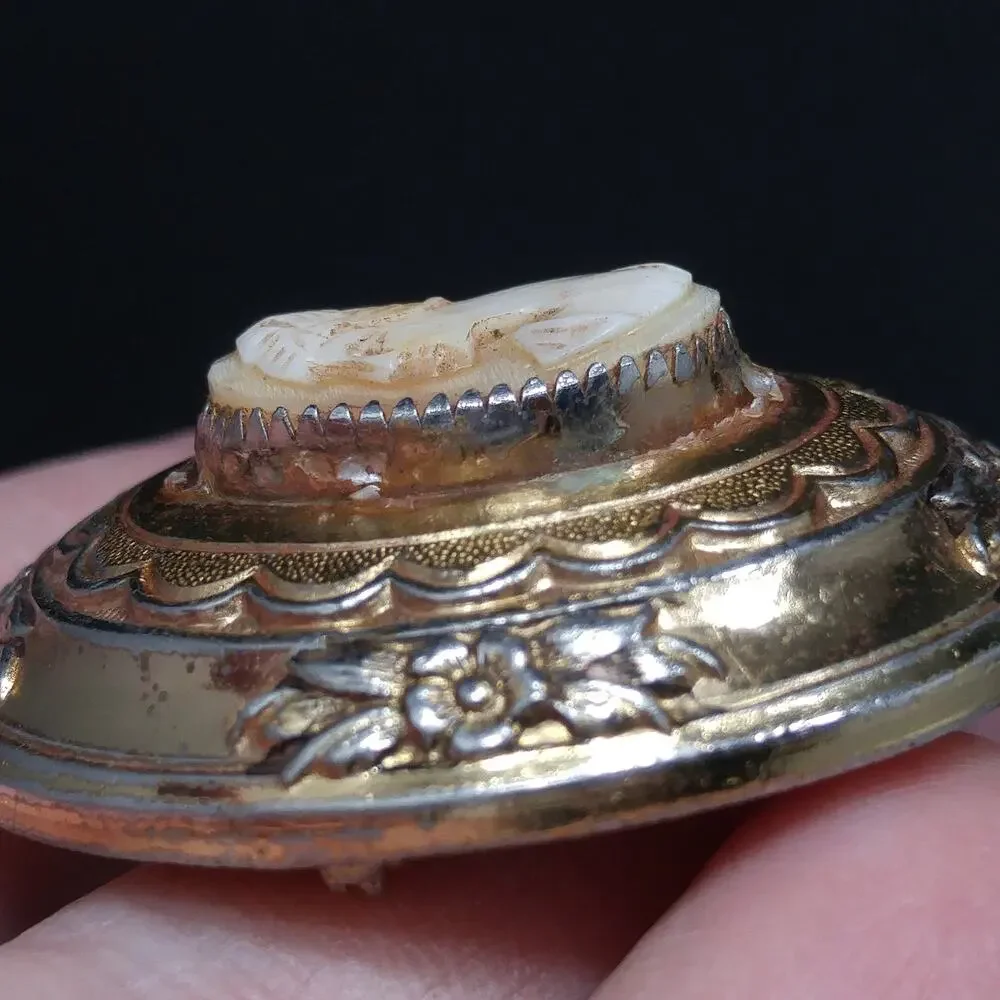 Coro Shell Carved Cameo Brooch, Gold Over Silver, 1950s Vintage Jewelry